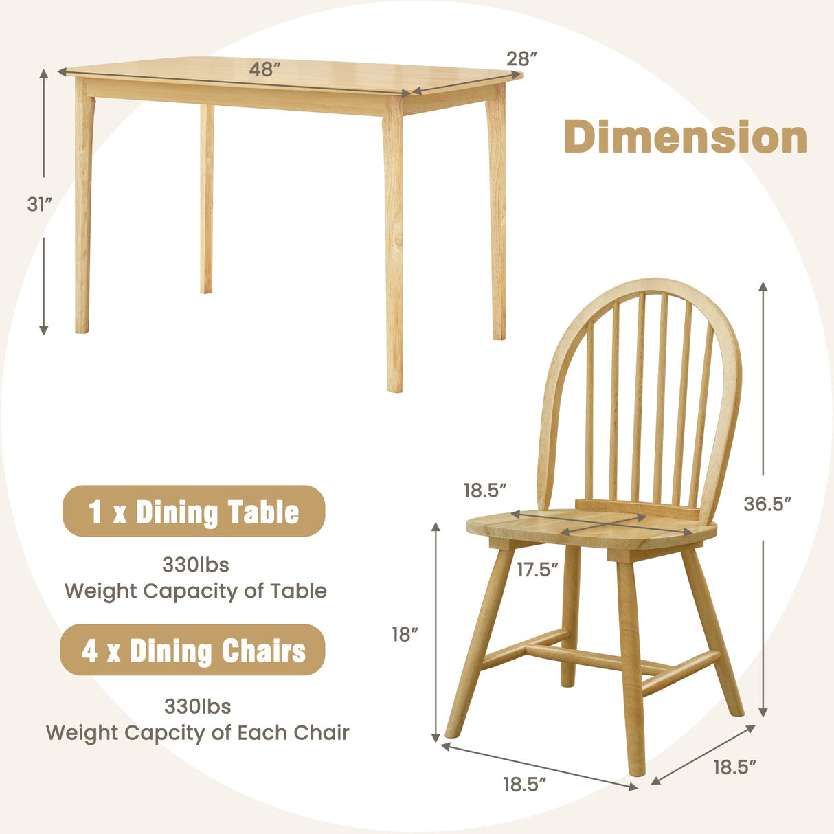 Juego de mesa de comedor de madera de 5 piezas con 4 sillas Windsor
