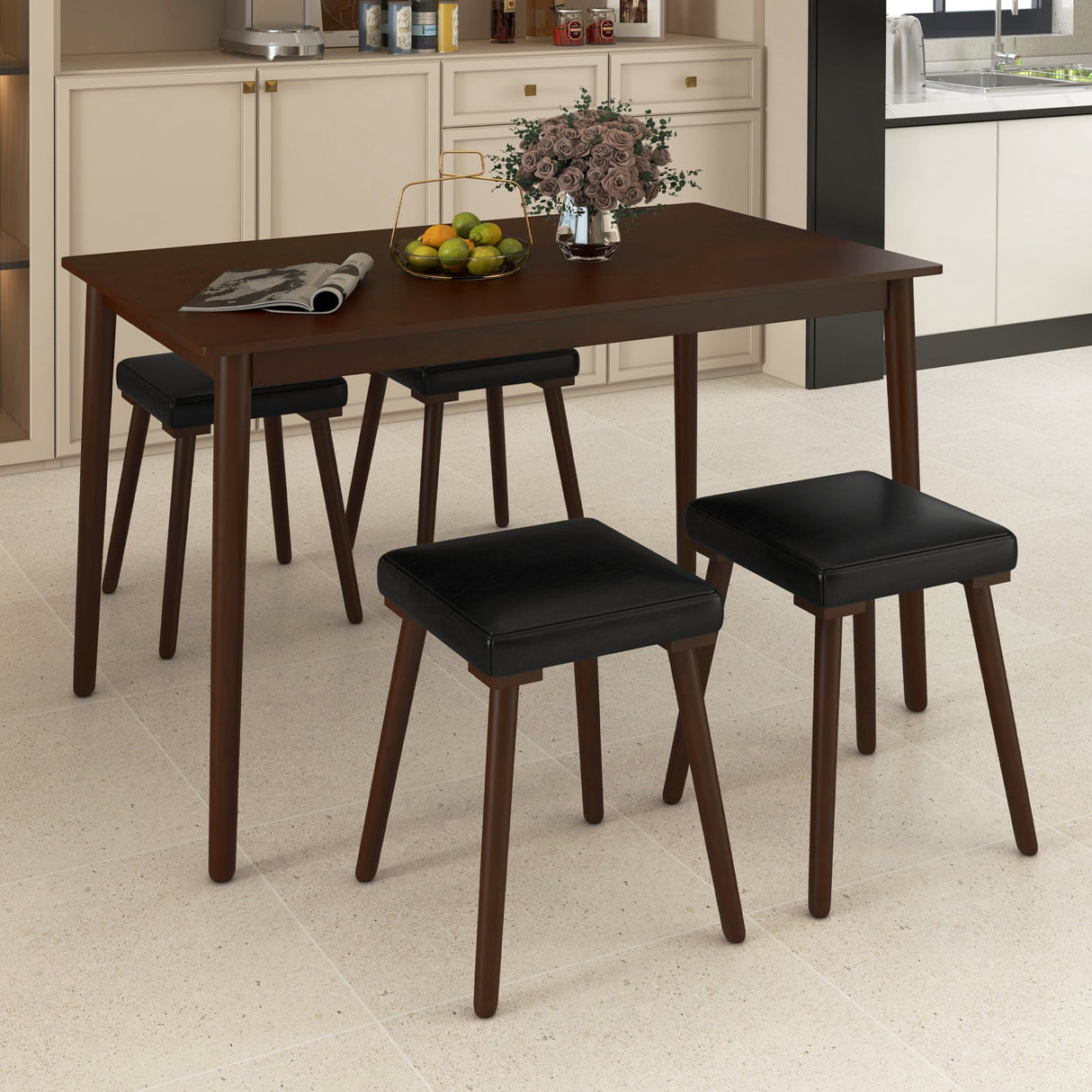 Juego de comedor de 5 piezas para 4 personas con 4 taburetes tapizados y patas de madera de caucho - Marrón