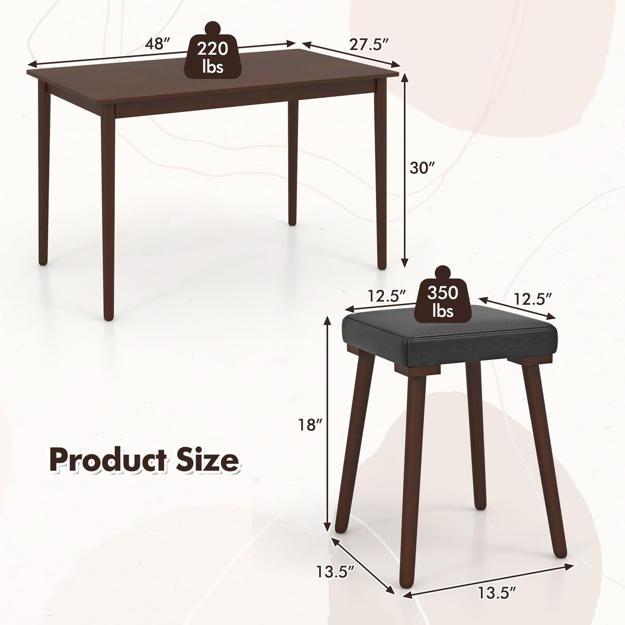 Juego de comedor de 5 piezas para 4 personas con 4 taburetes tapizados y patas de madera de caucho - Marrón