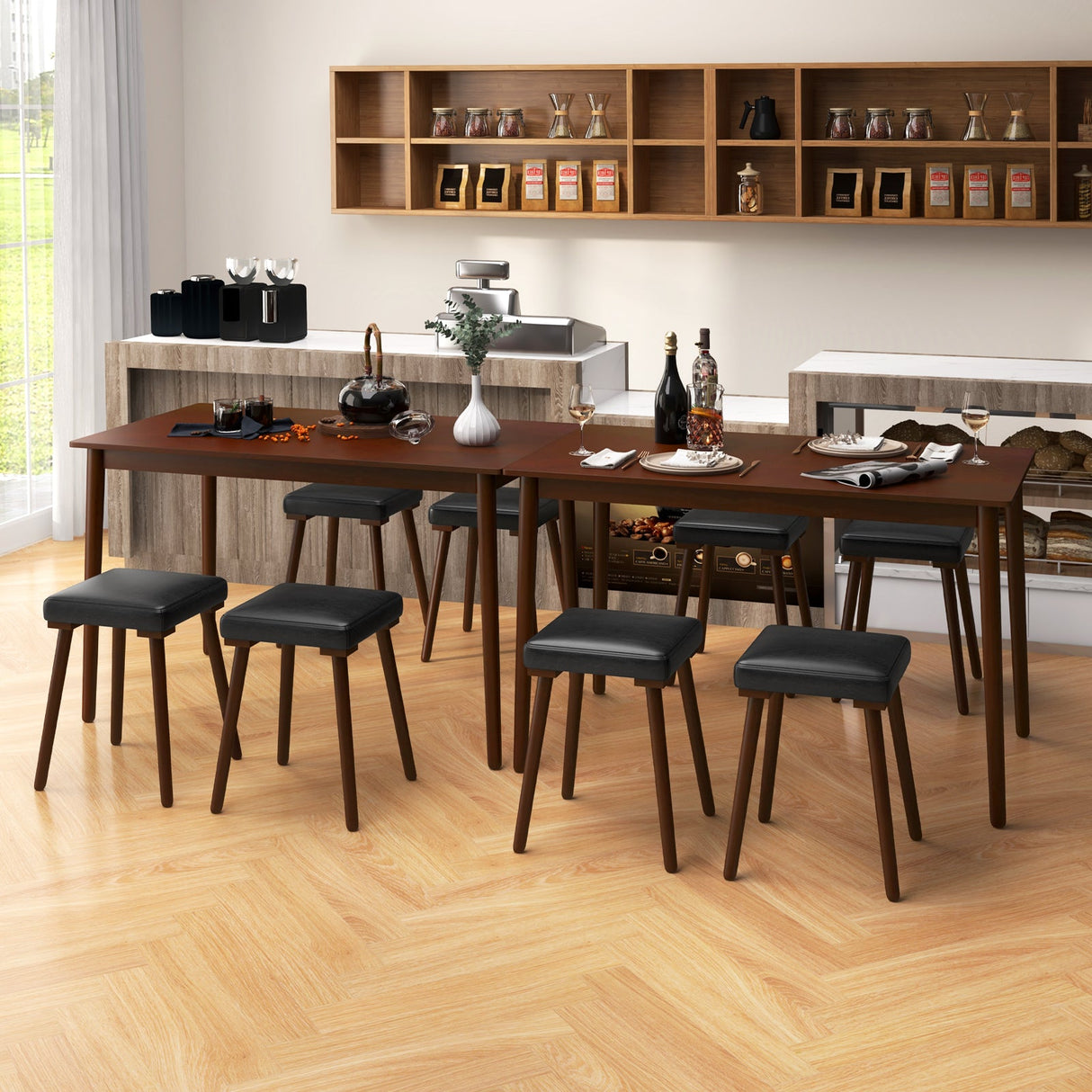 Juego de comedor de 5 piezas para 4 personas con 4 taburetes tapizados y patas de madera de caucho - Marrón