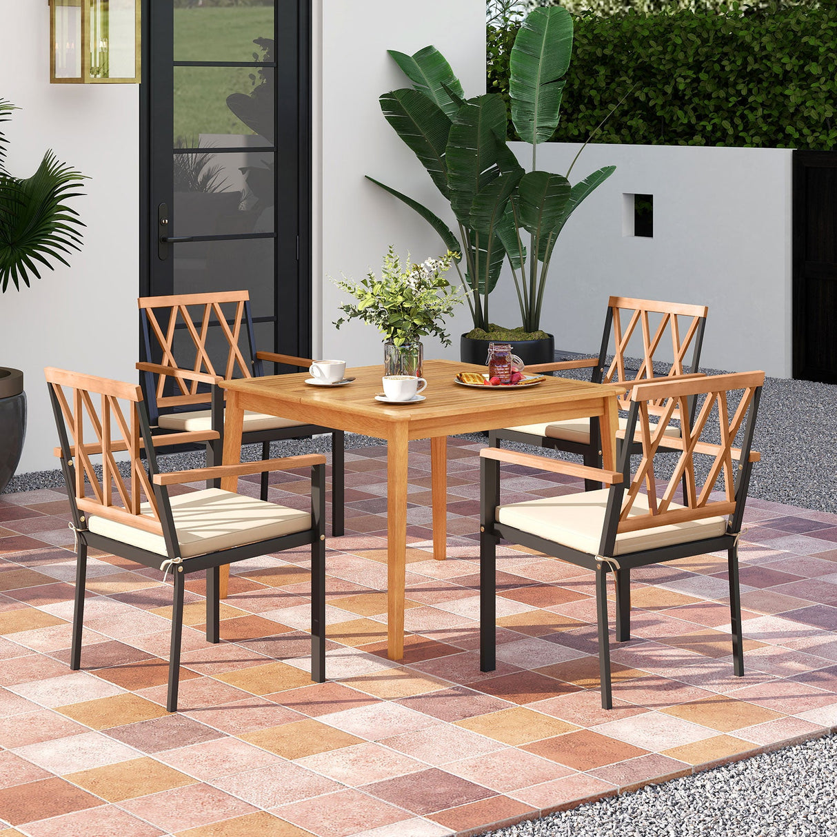 Juego de comedor de 5 piezas para patio de madera de acacia, muebles de comedor de madera maciza con agujero para sombrilla