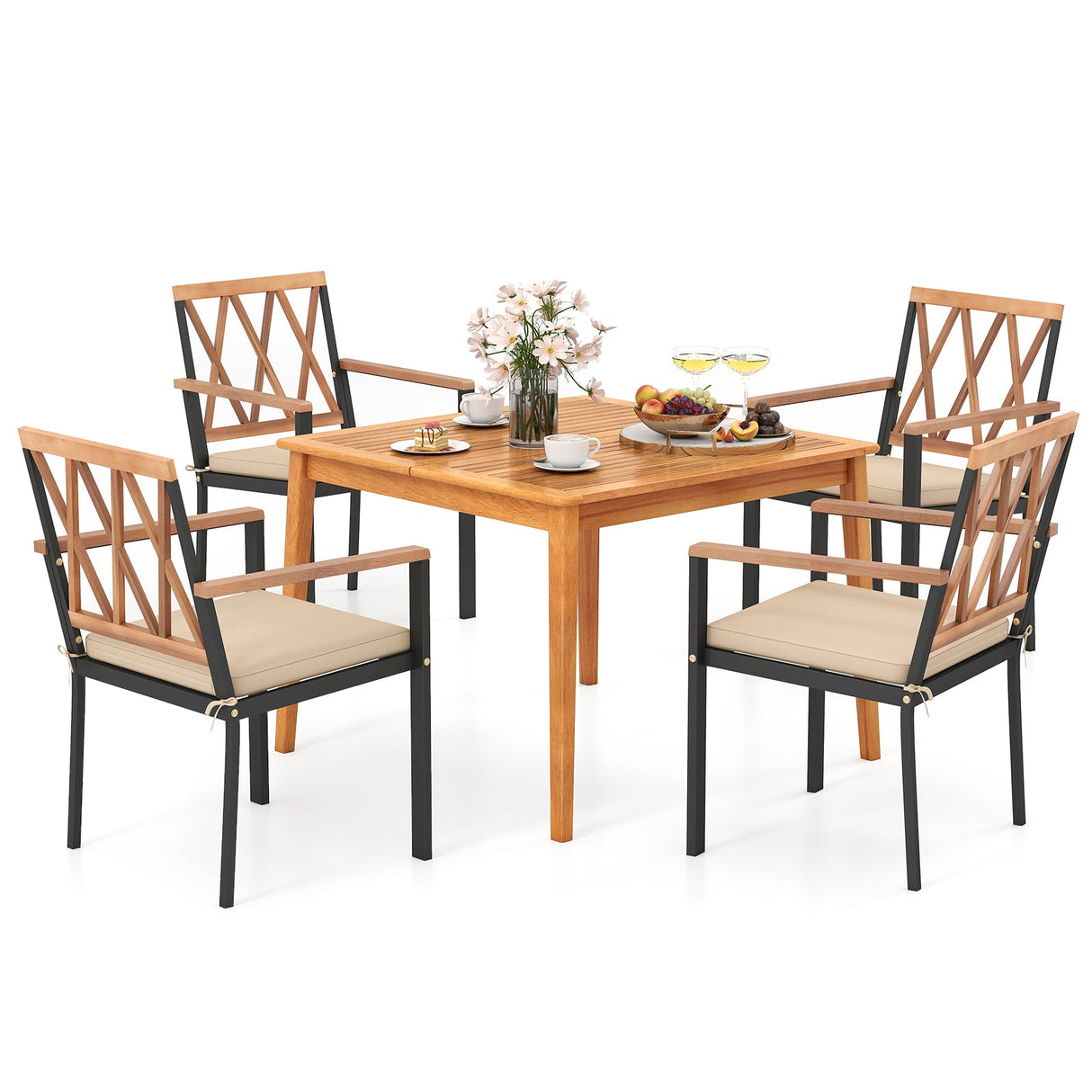 Juego de comedor de 5 piezas para patio de madera de acacia, muebles de comedor de madera maciza con agujero para sombrilla