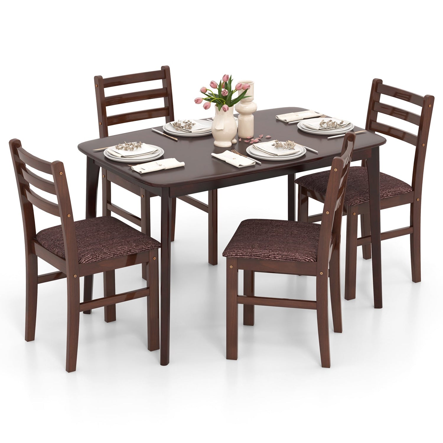 Juego de comedor vintage de madera para 4 con asiento acolchado y respaldo curvo