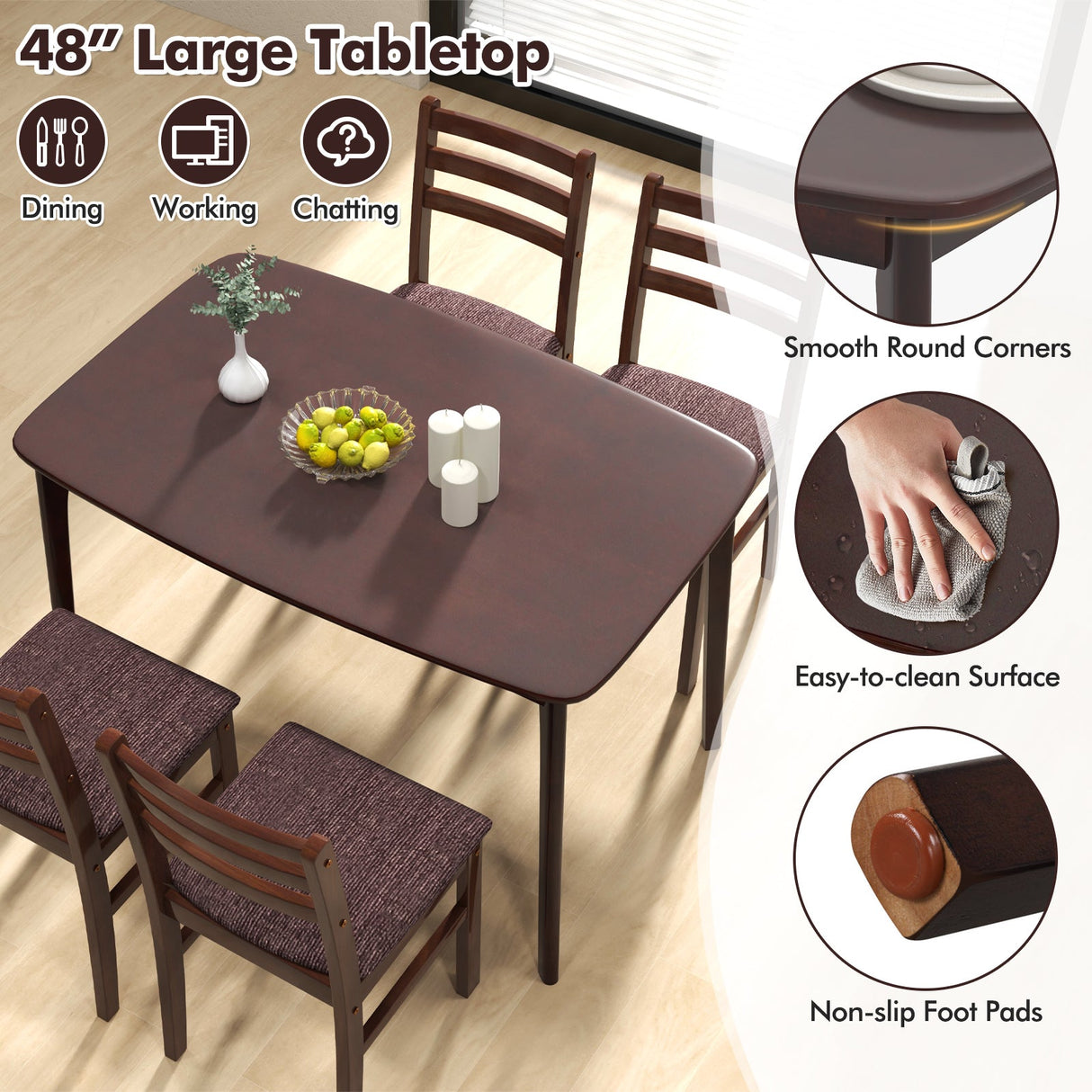 Juego de comedor vintage de madera para 4 con asiento acolchado y respaldo curvo