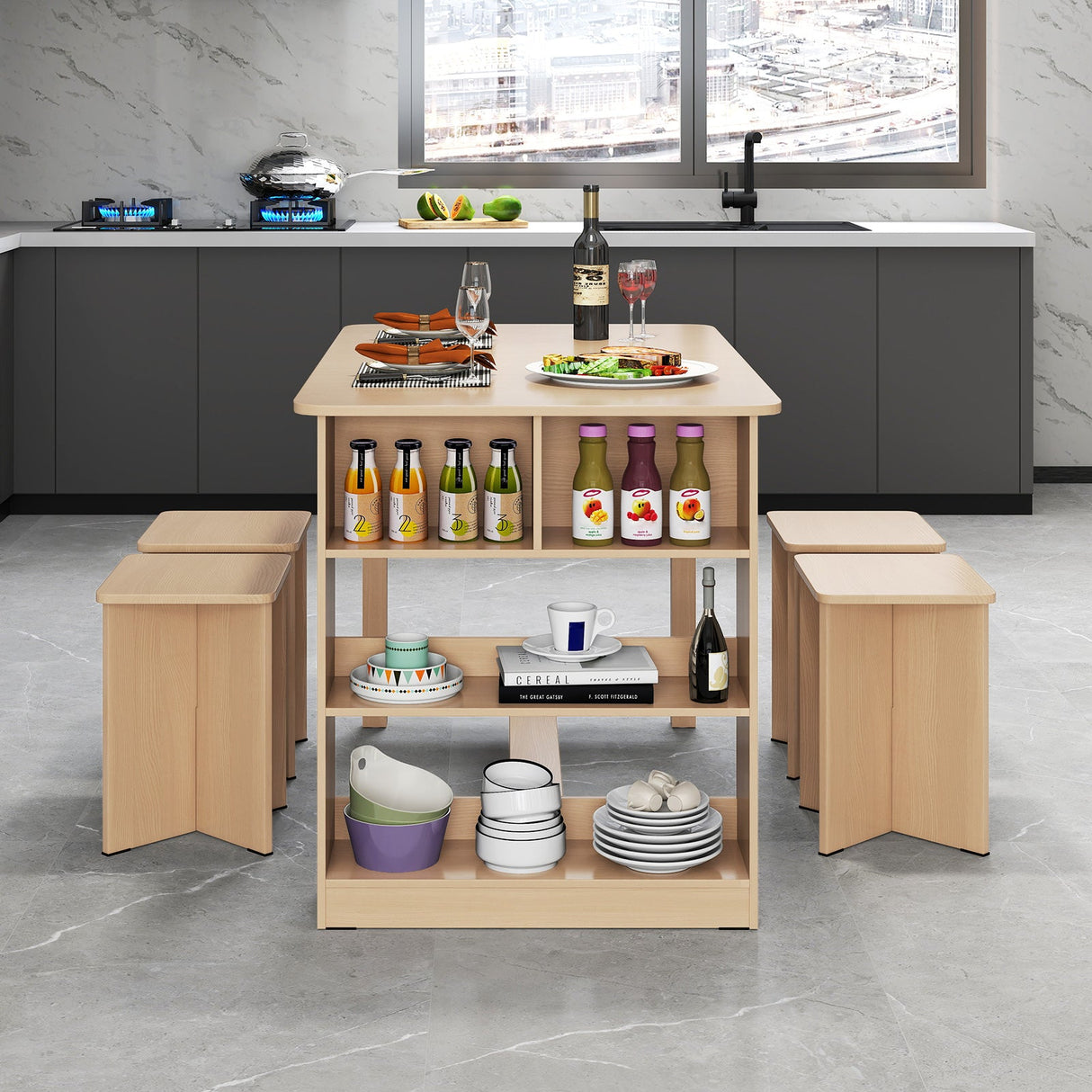 Juego de comedor de 5 piezas con estante de almacenamiento y 4 taburetes