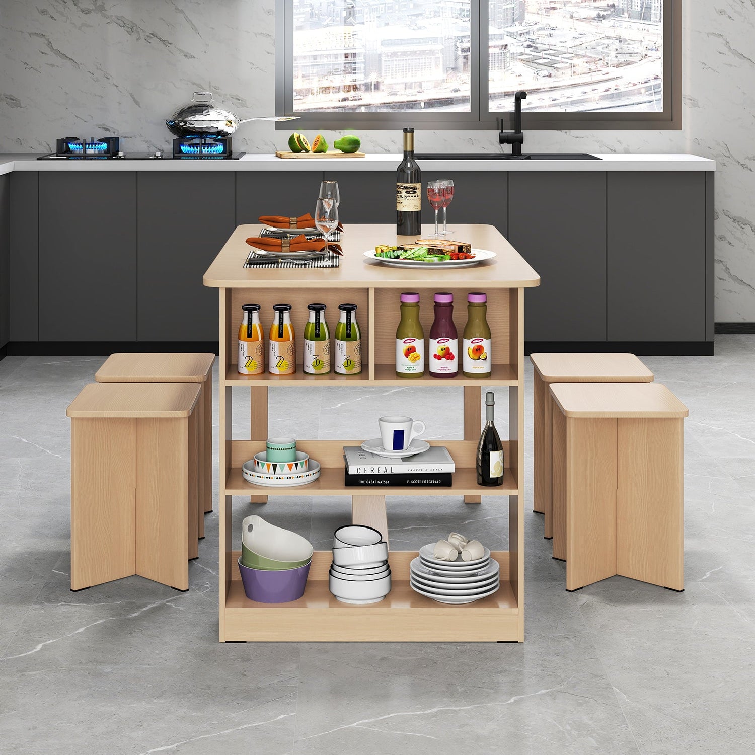 Juego de comedor de 5 piezas con estante de almacenamiento y 4 taburetes