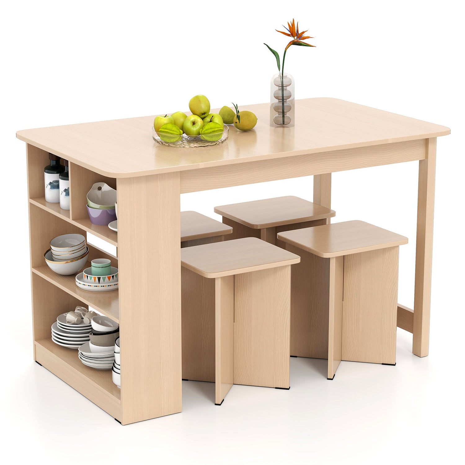 Juego de comedor de 5 piezas con estante de almacenamiento y 4 taburetes