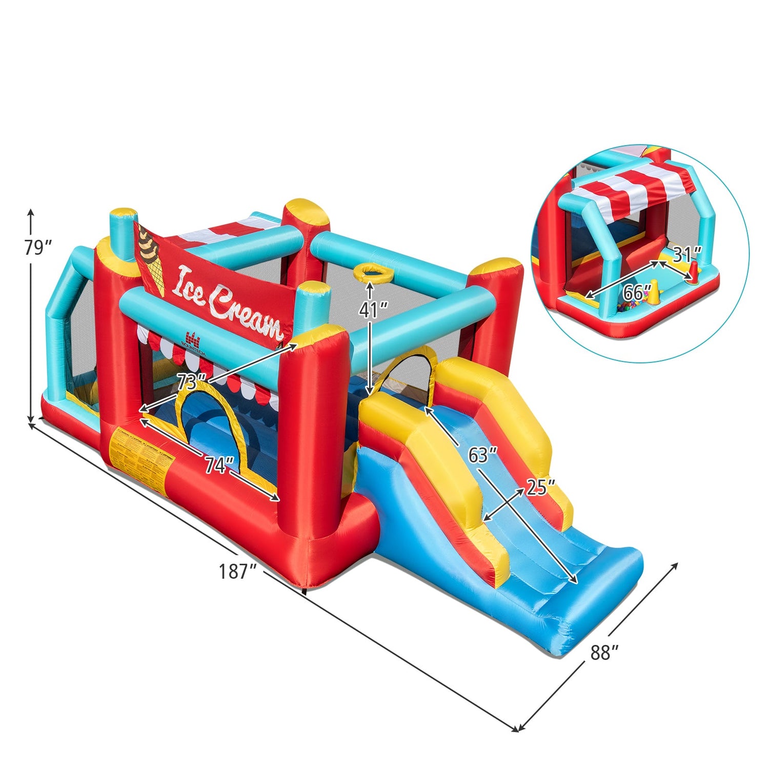 Casa inflable saltarina de helados 5 en 1 con piscina de bolas y tobogán con soplador de 520W