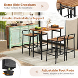 Juego de mesa de bar de madera de acacia de 5 piezas, mesa y sillas de altura de bar con estructura de metal y reposapiés