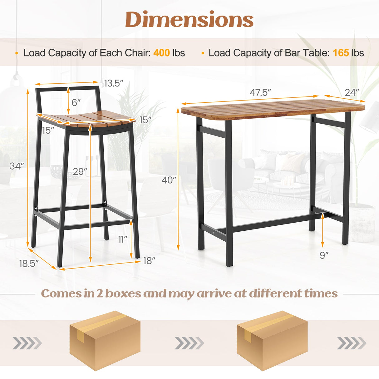 Juego de mesa de bar de madera de acacia de 5 piezas, mesa y sillas de altura de bar con estructura de metal y reposapiés