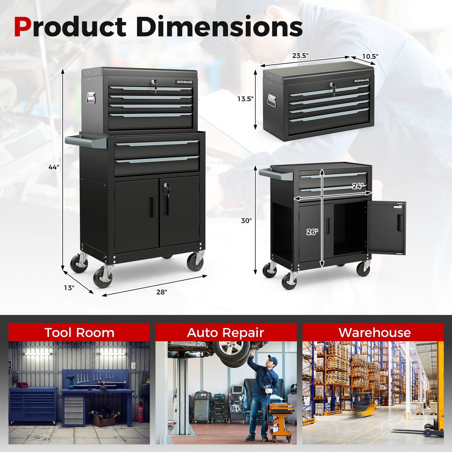 Caja de almacenamiento de herramientas con ruedas de 6 cajones y ruedas universales y ganchos