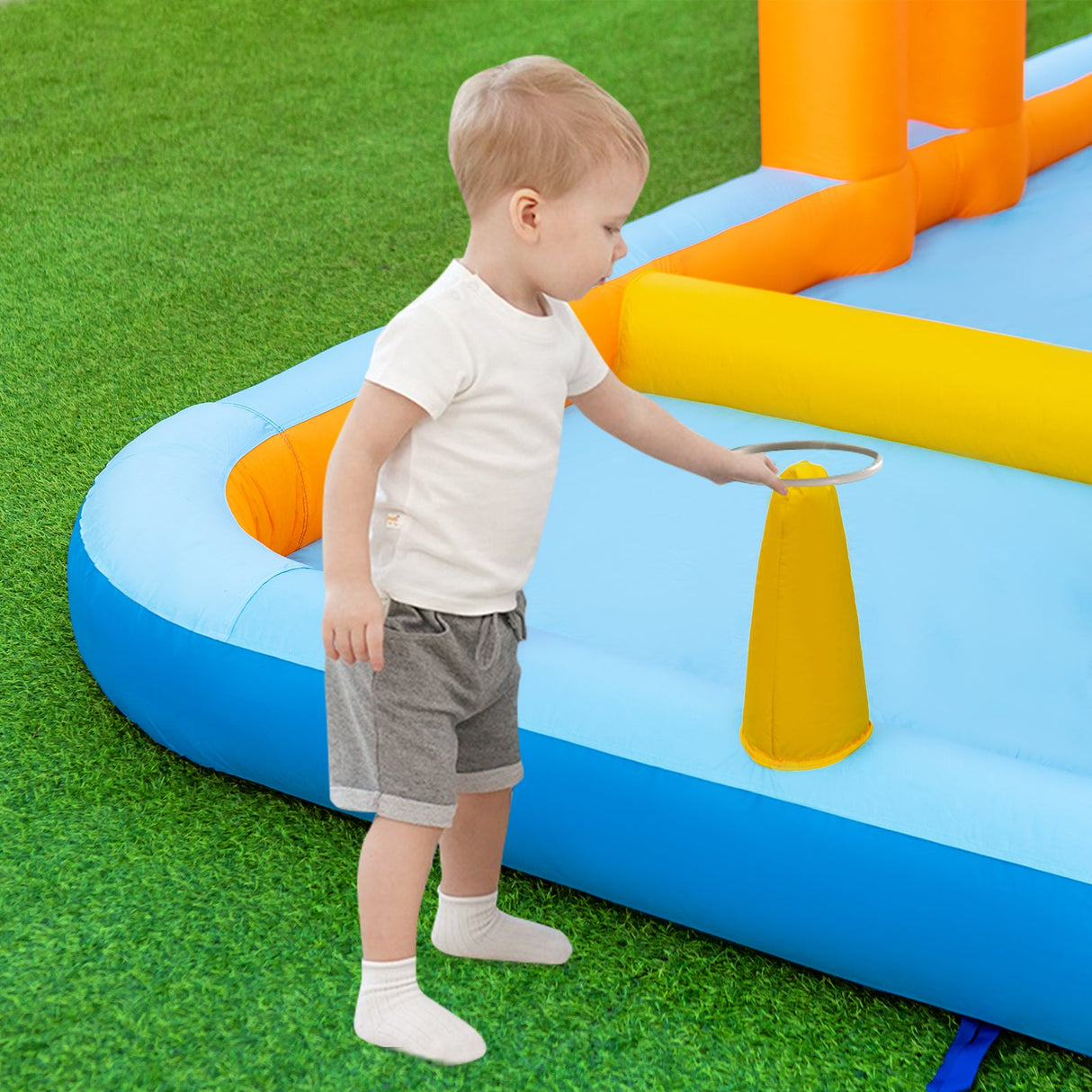 Tobogán Acuático Hinchable 6 en 1 con Toboganes Dobles, Pared de Escalada y Juego de Cueva con Soplador de 950 W