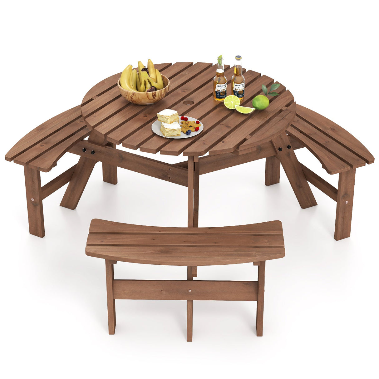 Mesa de Picnic Redonda de 6 Plazas con 3 Bancos Incorporados y Agujero para Sombrilla