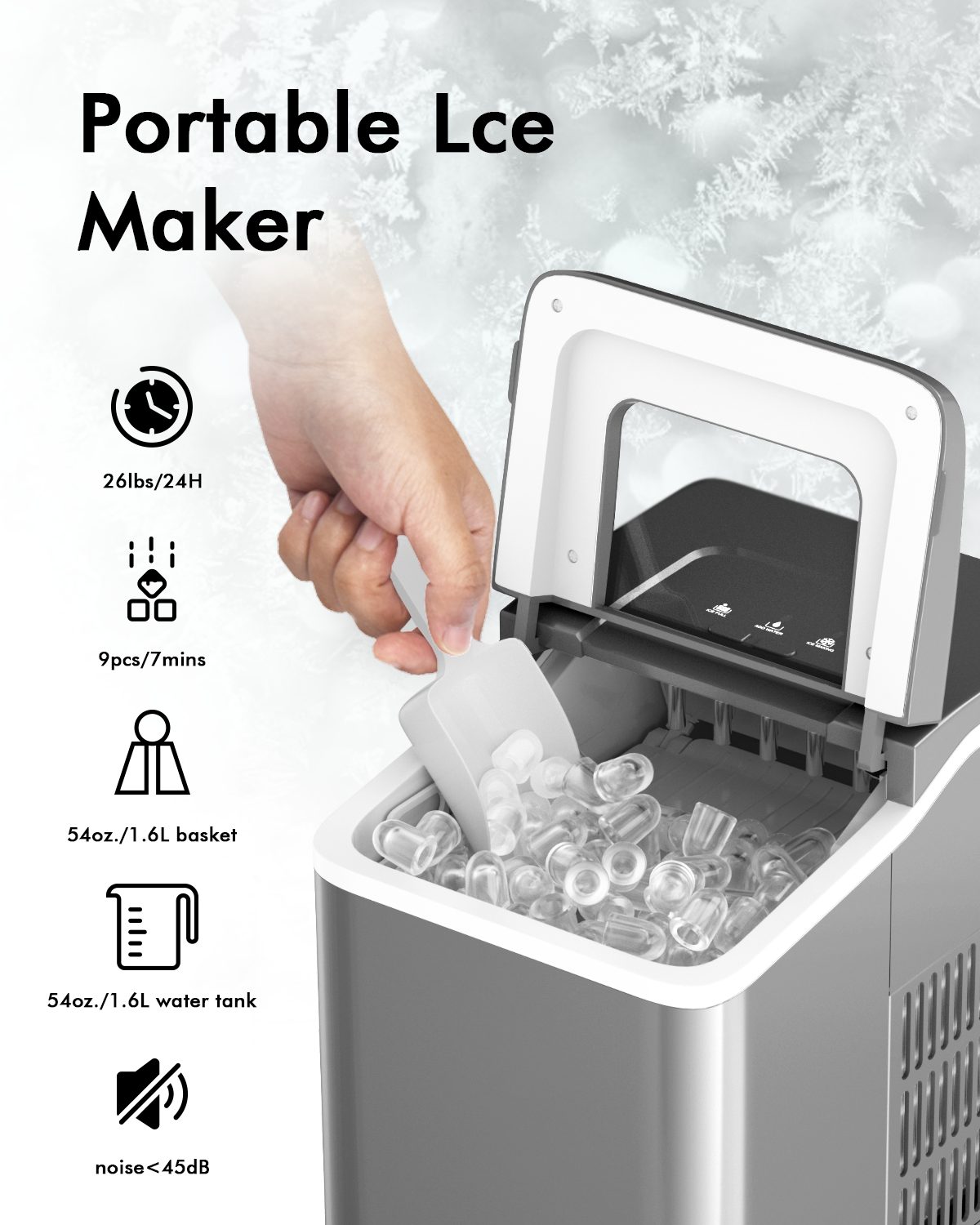 Máquina de hacer hielo portátil para encimera con cuchara - Plateada