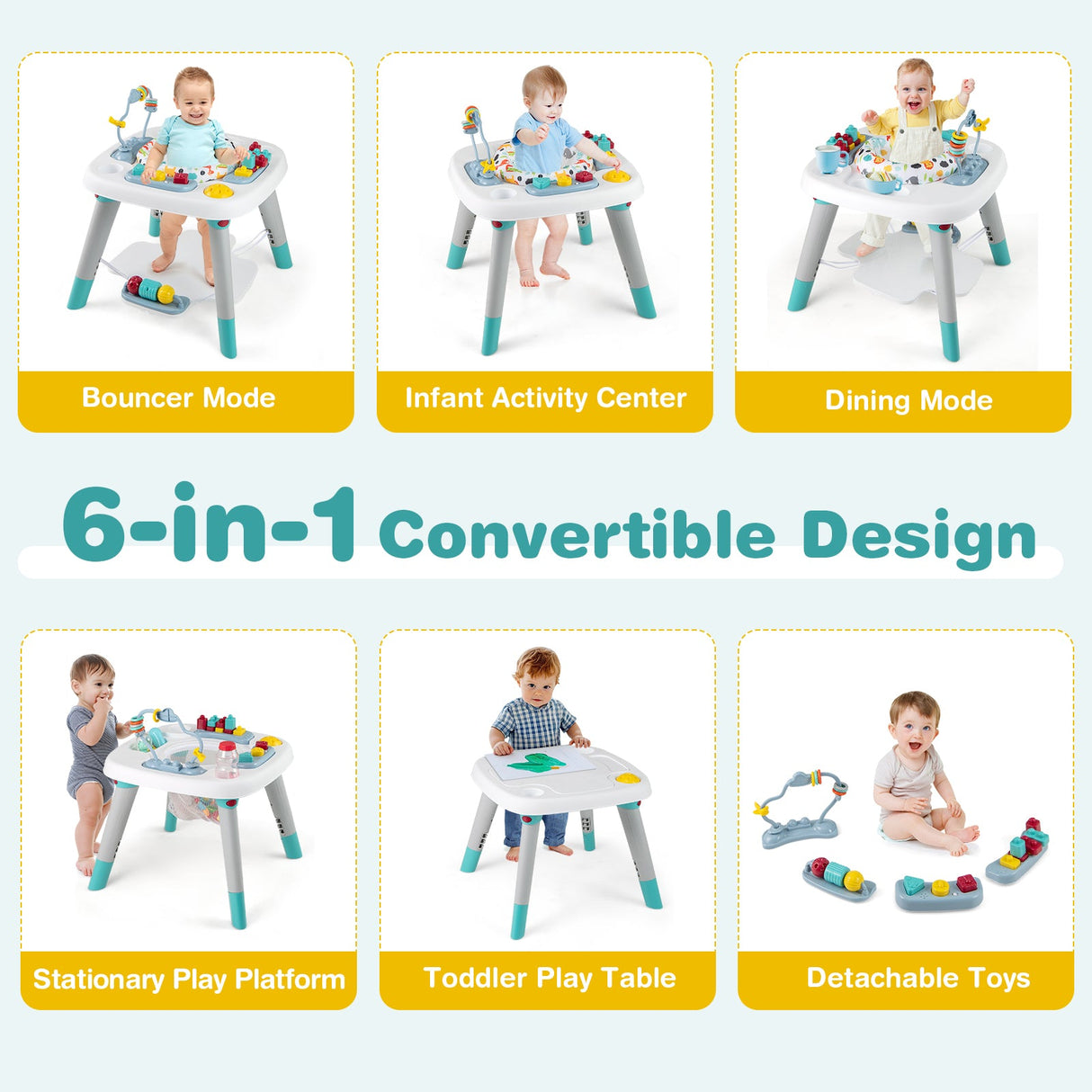 Centro de actividades para bebés 6 en 1, saltador para bebés, mesa para niños pequeños