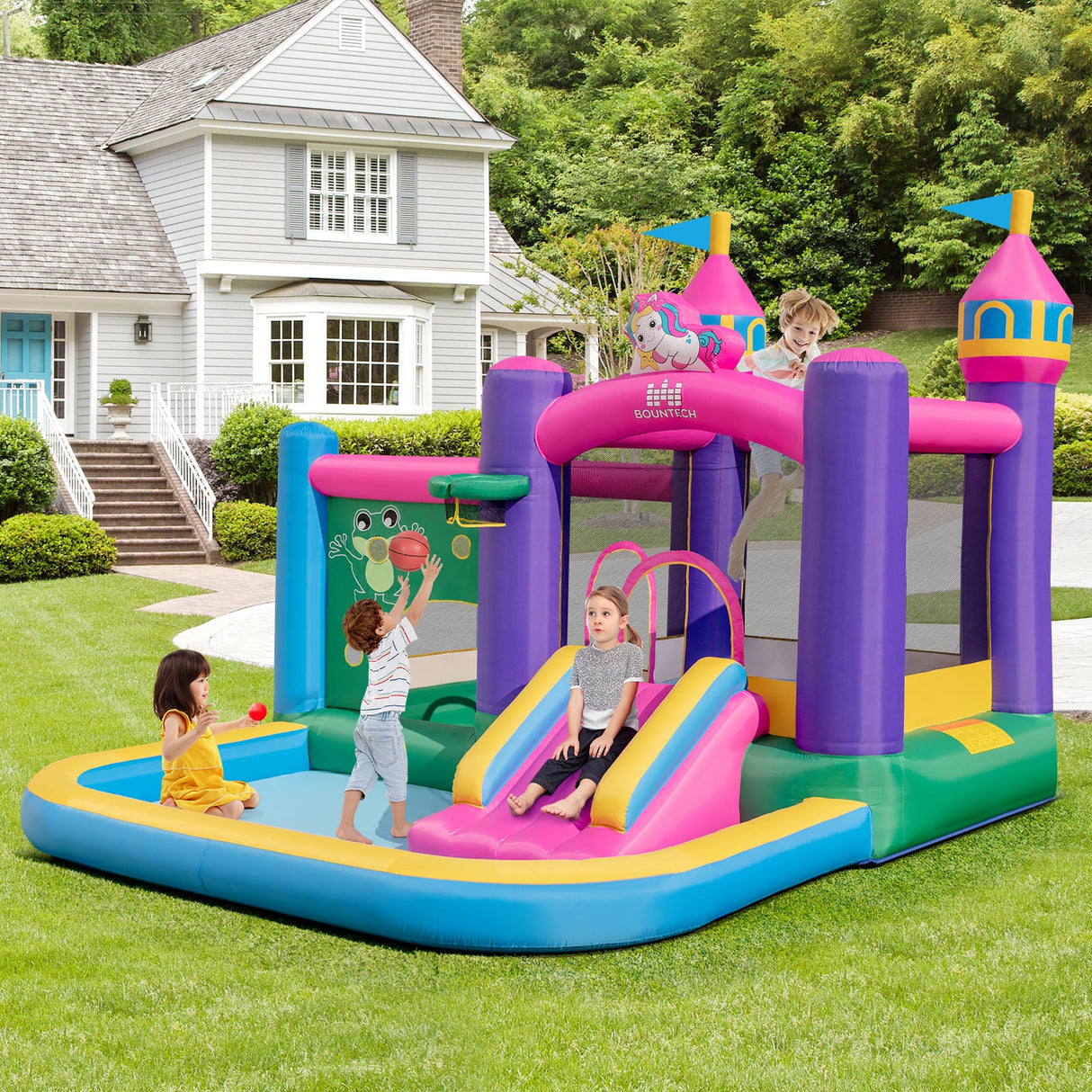 Castillo hinchable infantil 6 en 1 con tobogán, zona de salto y piscinas de bolas sin soplador