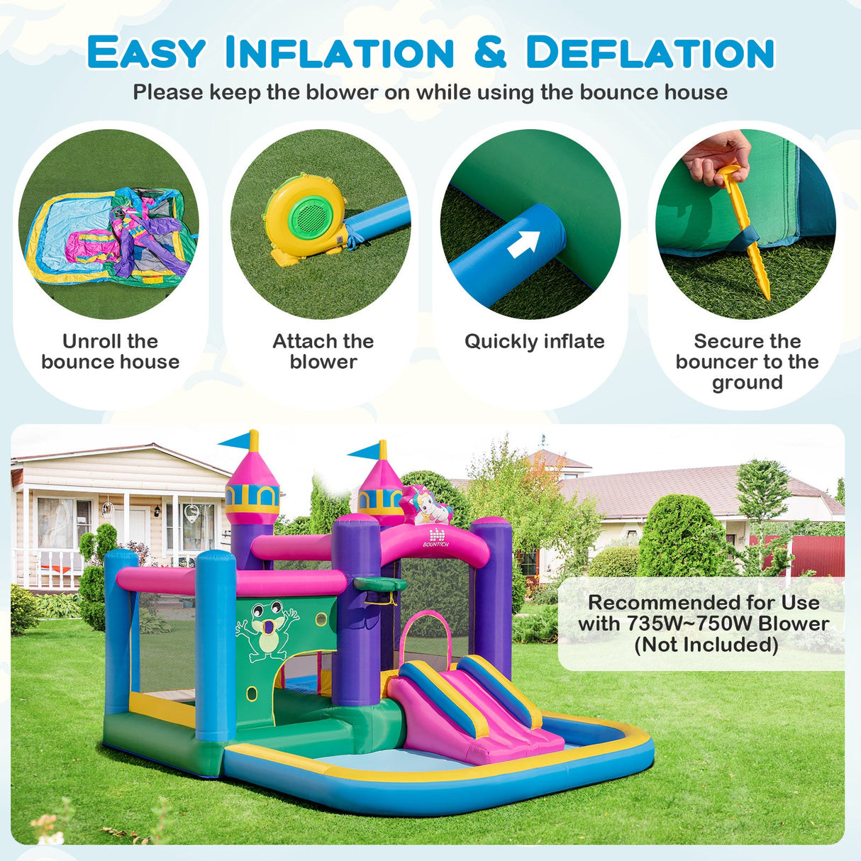 Castillo hinchable infantil 6 en 1 con tobogán, zona de salto y piscinas de bolas sin soplador