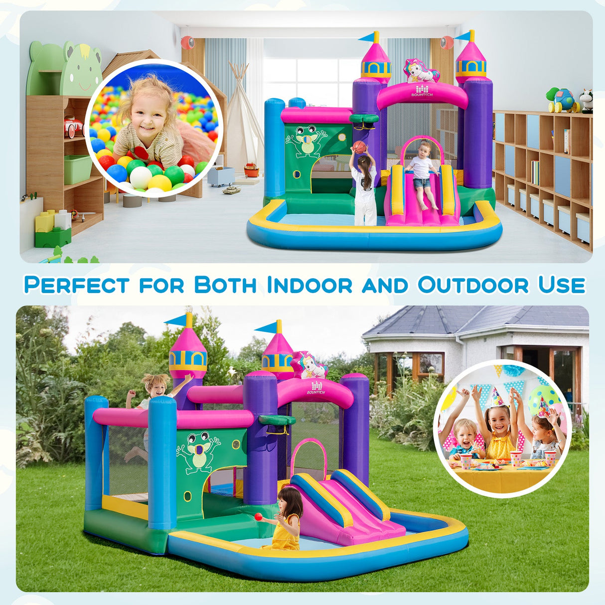 Castillo hinchable infantil 6 en 1 con tobogán, zona de salto y piscinas de bolas sin soplador