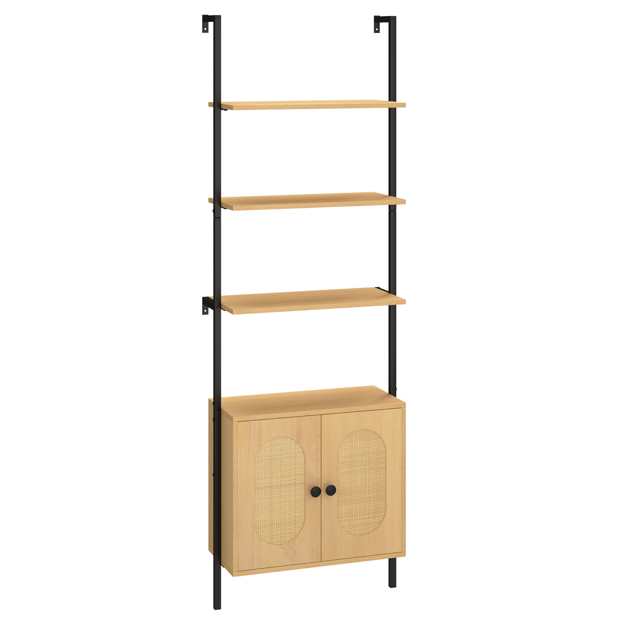 Estantería tipo escalera de 6 niveles montada en la pared de 72.5 pulgadas con gabinete de ratán - Natural