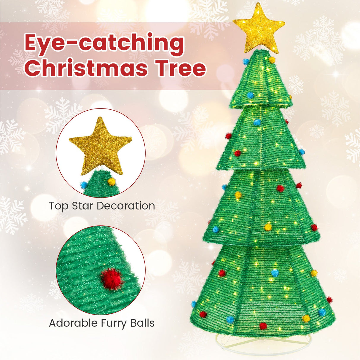 6.2 Feet Collapsible Christmas Tree with 200 Built-in LED Lights and Top Star Decoration