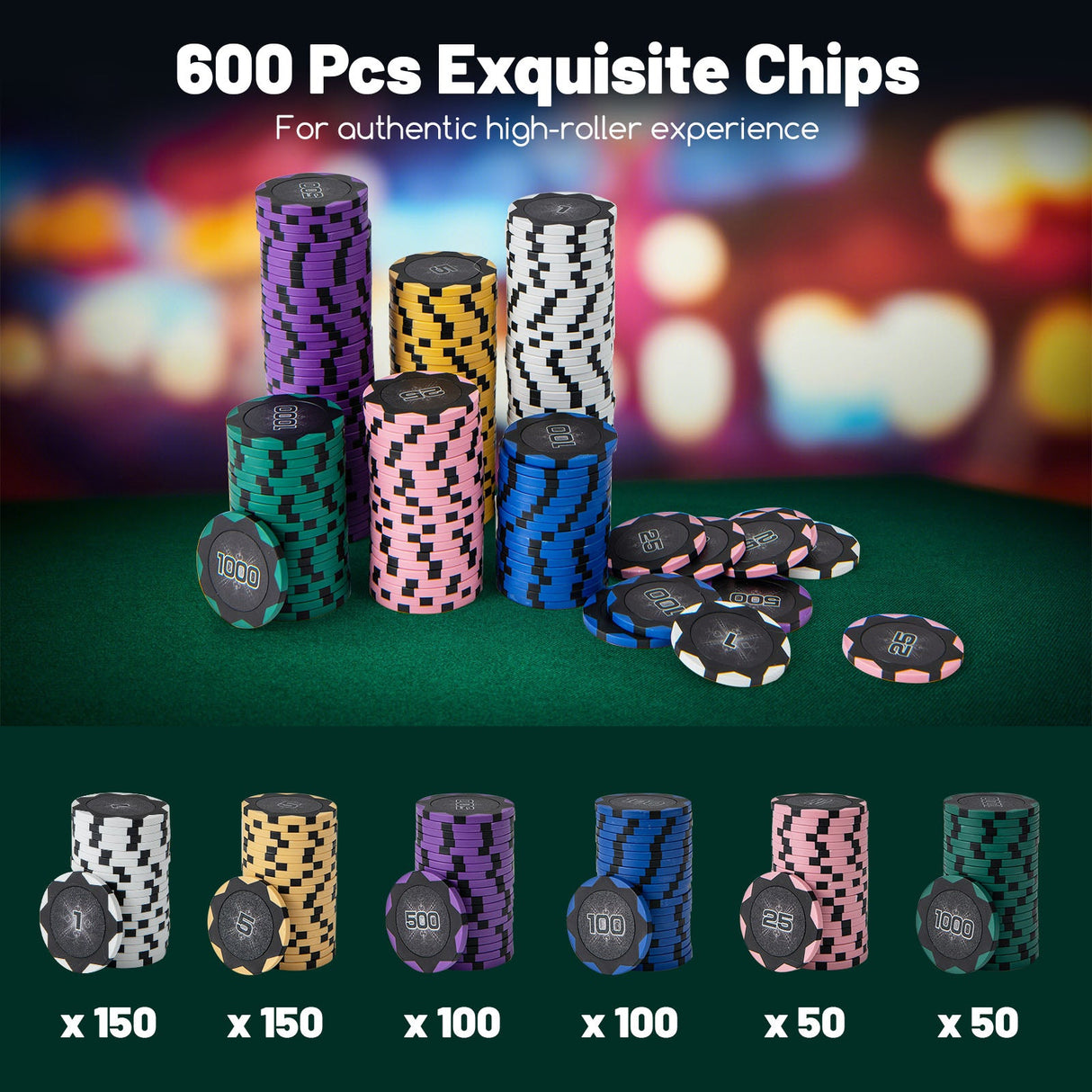 Juego de fichas de póker de 600 piezas, fichas Claytec de 14 gramos con maletín de transporte, negro