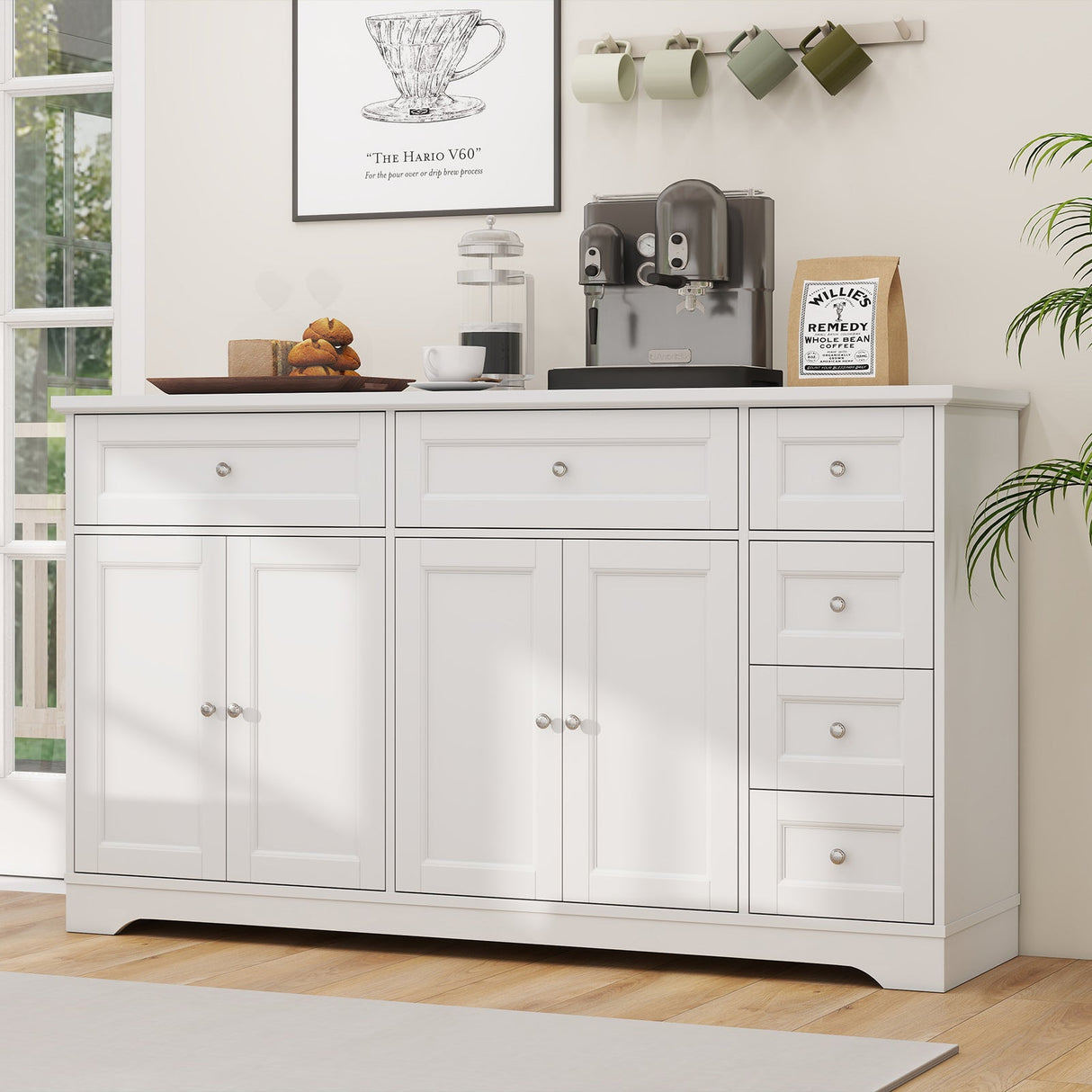 Aparador de bufé de 59" con barra de café moderna y mesa consola - Blanco