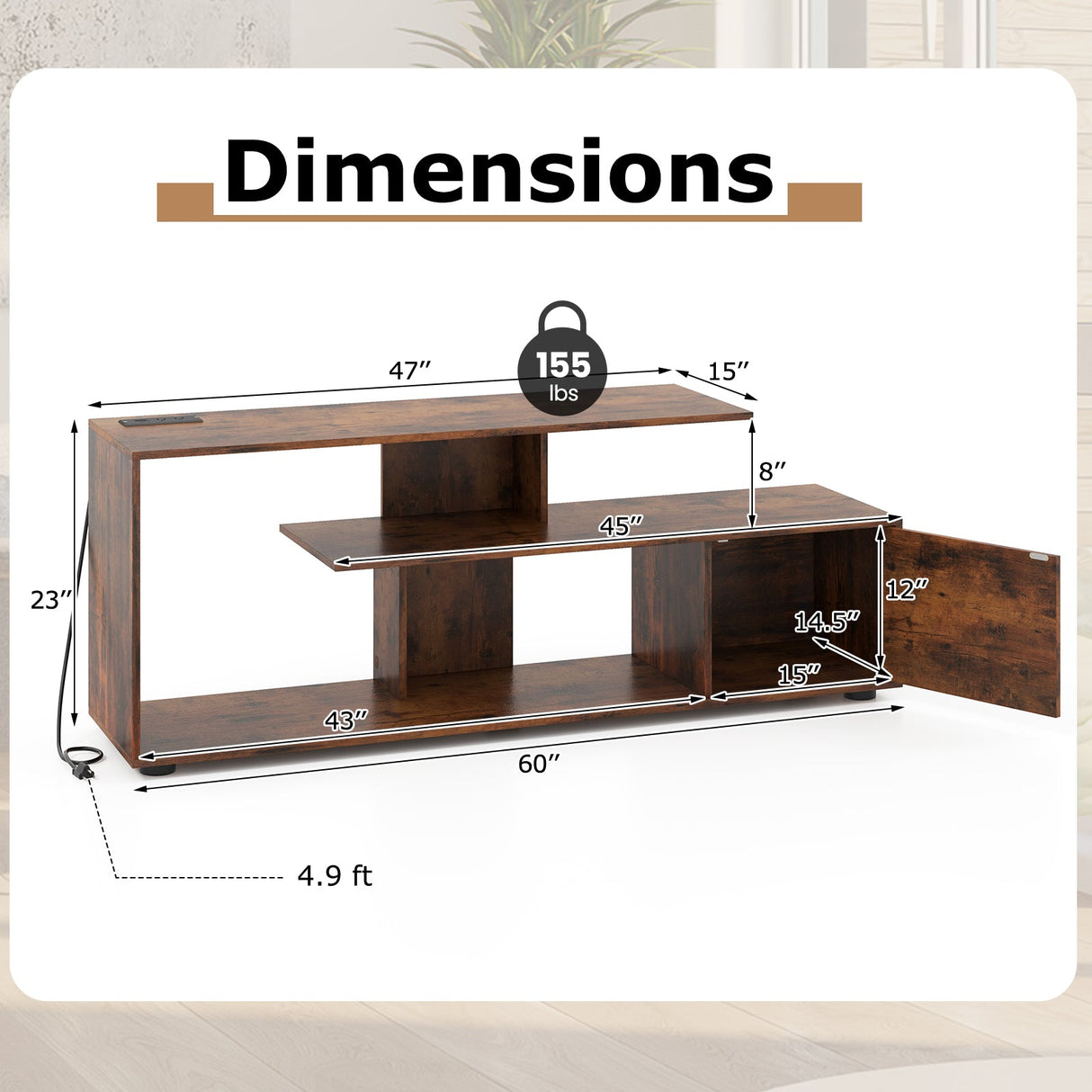 60 Inch Entertainment Center TV Stand with Power Outlet-Rustic Brown