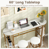 60 Inch Long Bar Table Narrow with Faux Marble Tabletop and Storage Shelves