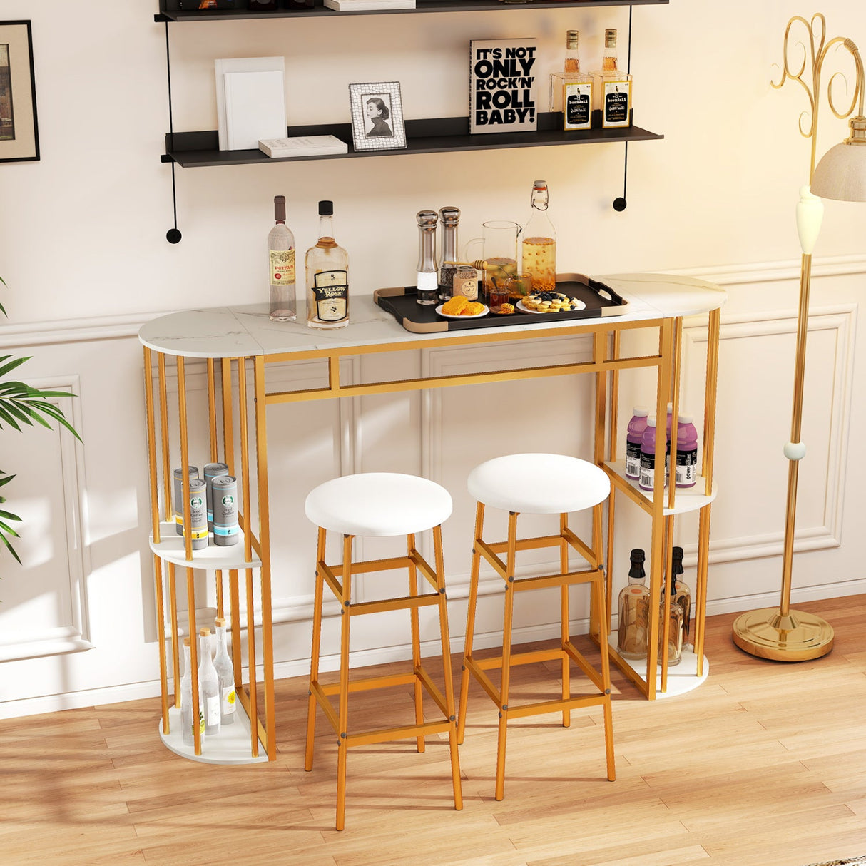 60 Inch Long Bar Table Narrow with Faux Marble Tabletop and Storage Shelves