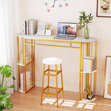 60 Inch Long Bar Table Narrow with Faux Marble Tabletop and Storage Shelves