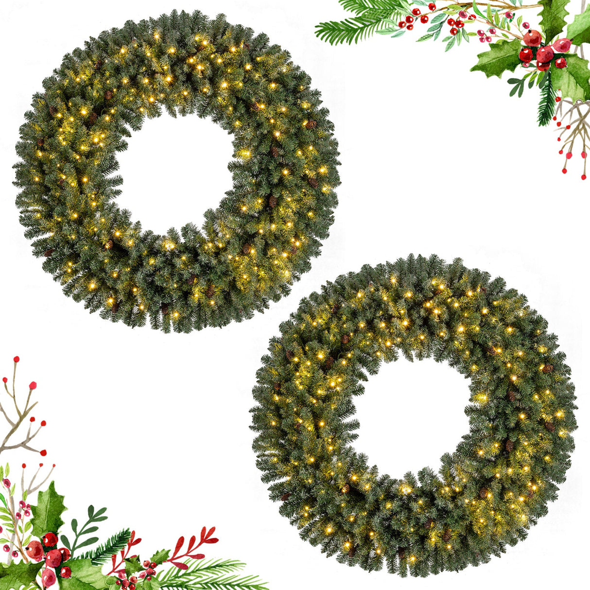 Corona de Navidad Artificial Preiluminada de 60 Pulgadas 200 Luces LED Blanco Cálido