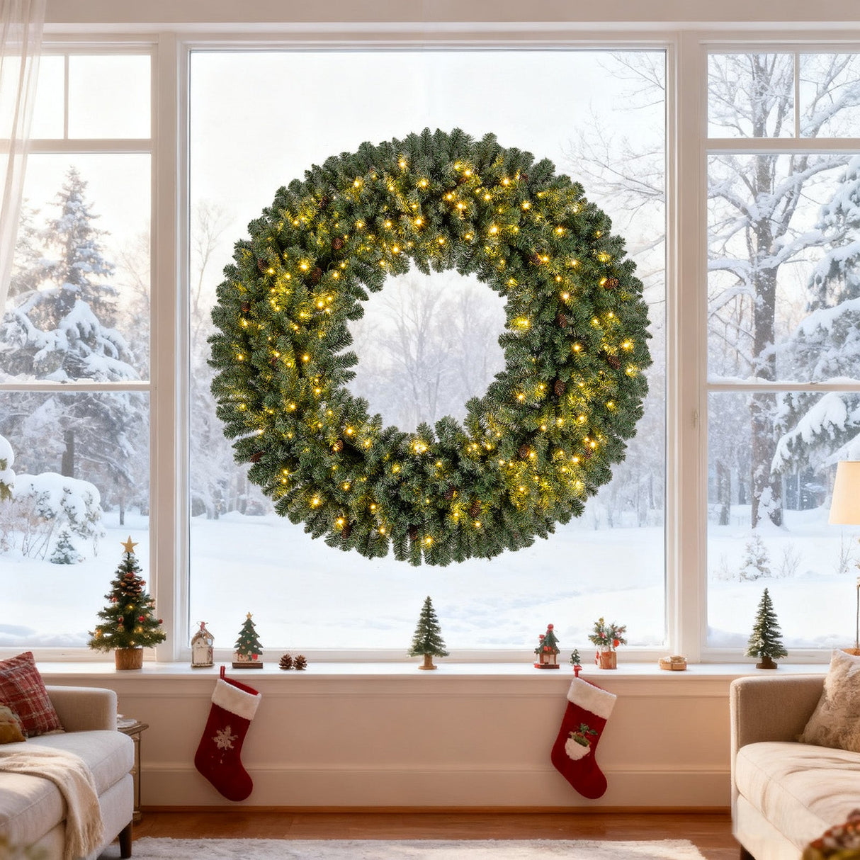Corona de Navidad Artificial Preiluminada de 60 Pulgadas 200 Luces LED Blanco Cálido