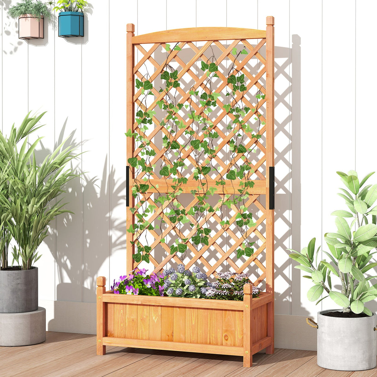 Mesa de cultivo de 152 cm de altura con enrejado de celosía en forma de diamante y orificios de drenaje