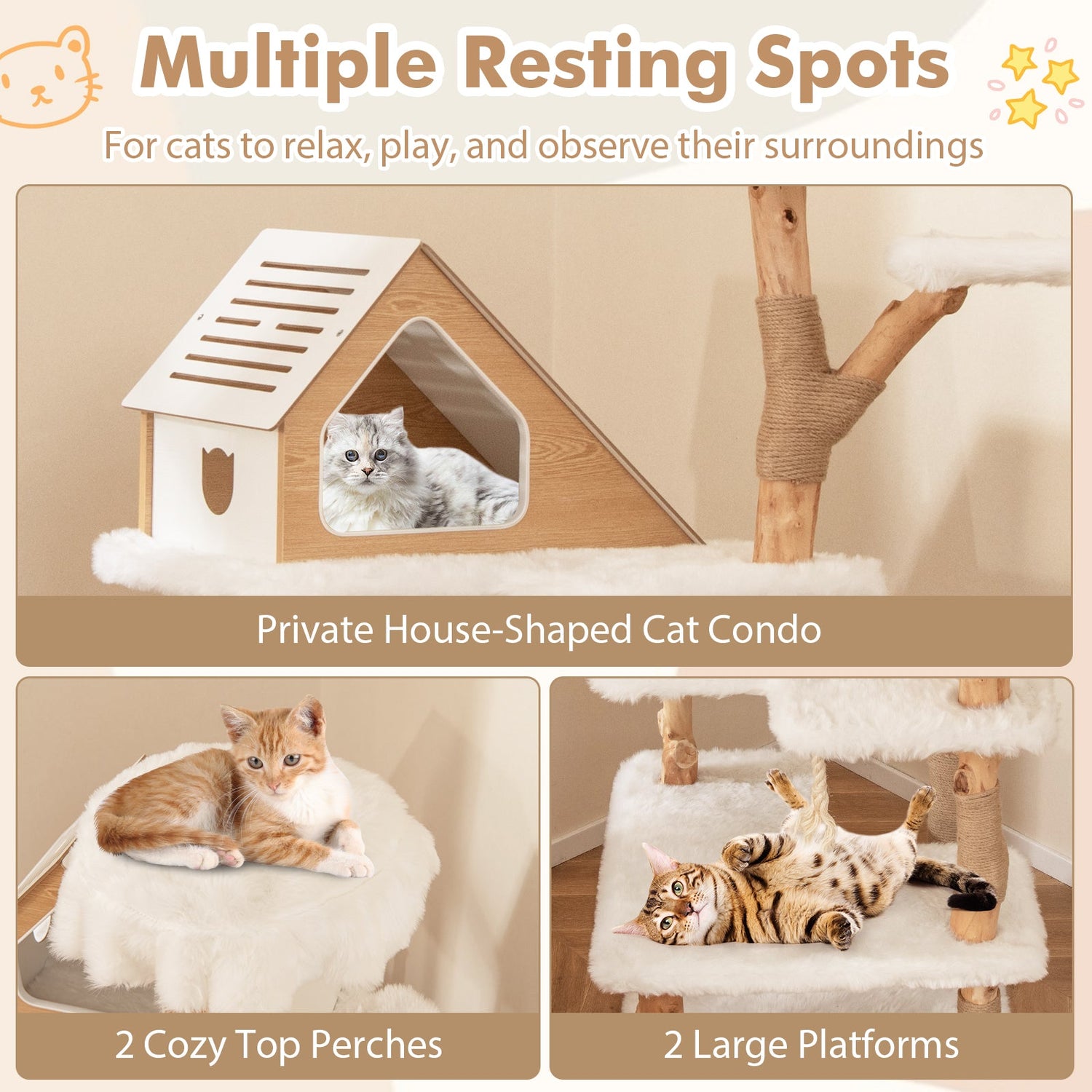 Árbol para gatos de madera maciza de 60 pulgadas de alto, torre rascador moderna con 2 perchas, color blanco