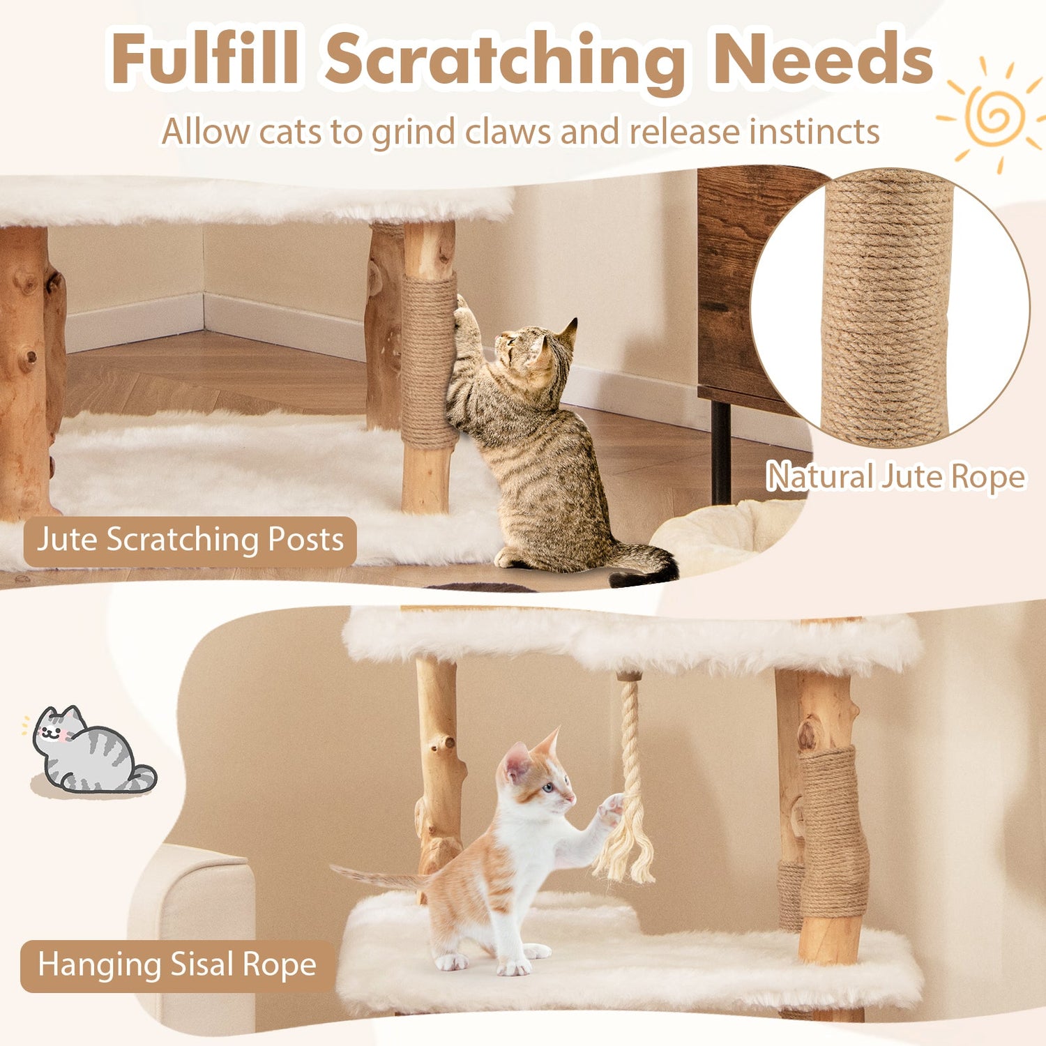 Árbol para gatos de madera maciza de 60 pulgadas de alto, torre rascador moderna con 2 perchas, color blanco
