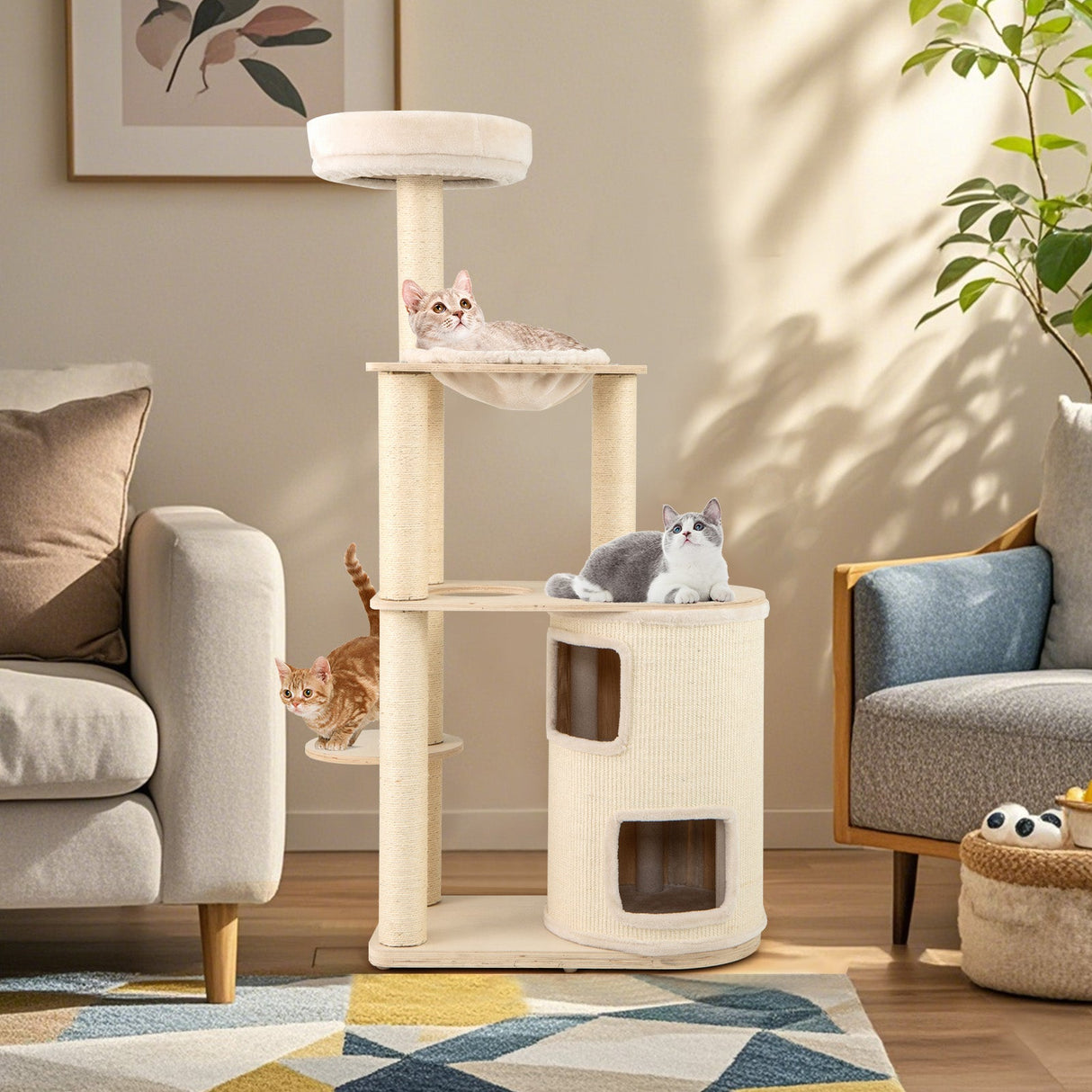 Árbol para gatos de 60 pulgadas de alto con condominio de 2 pisos y postes rascadores de sisal - Natural
