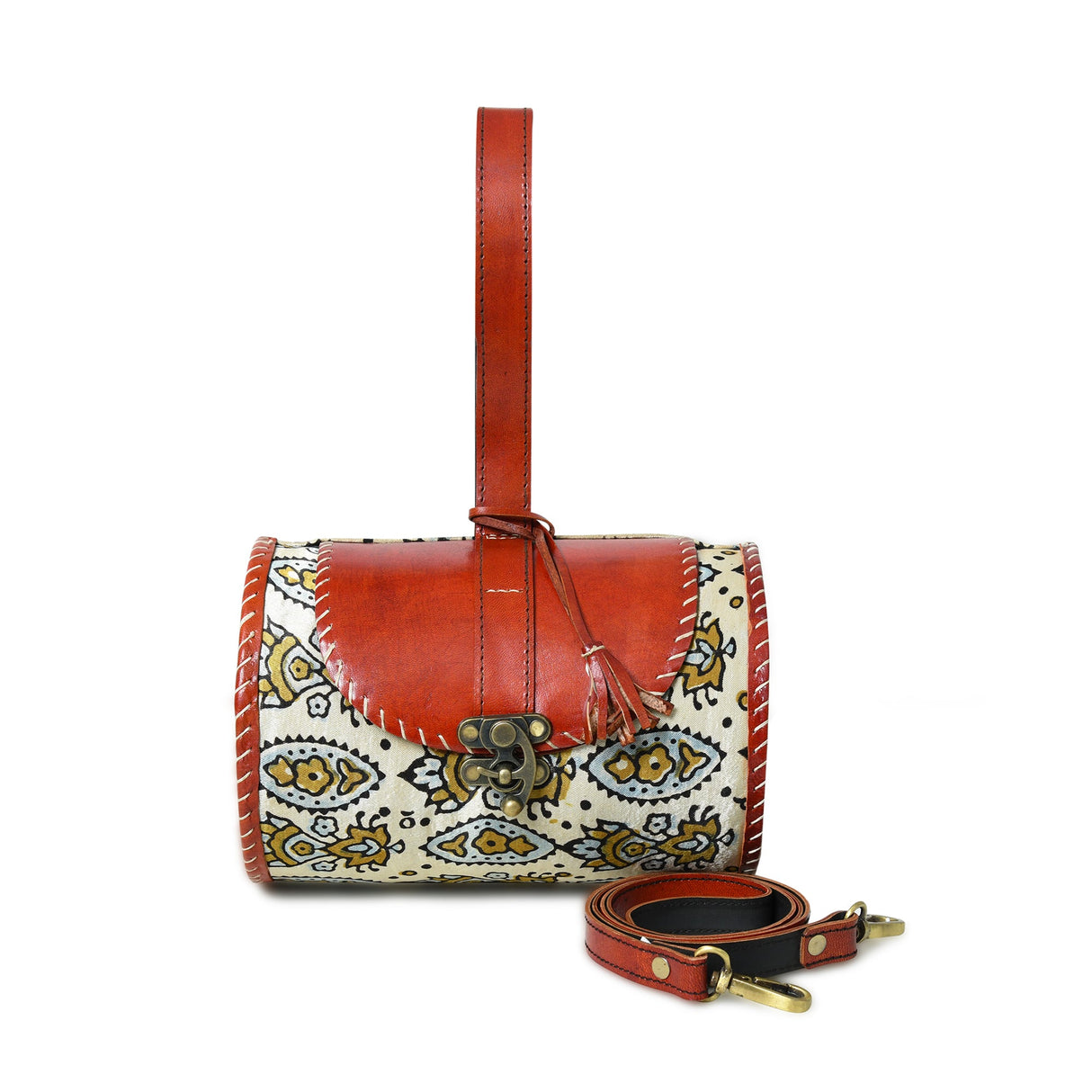 Bolso Cilíndrico de Cuero Estampado con Bloques