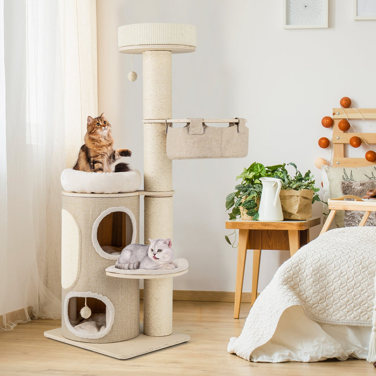 61 Inches Cat Tree for Indoor Cats with 2-stoery Condo and Top Perch-Natural