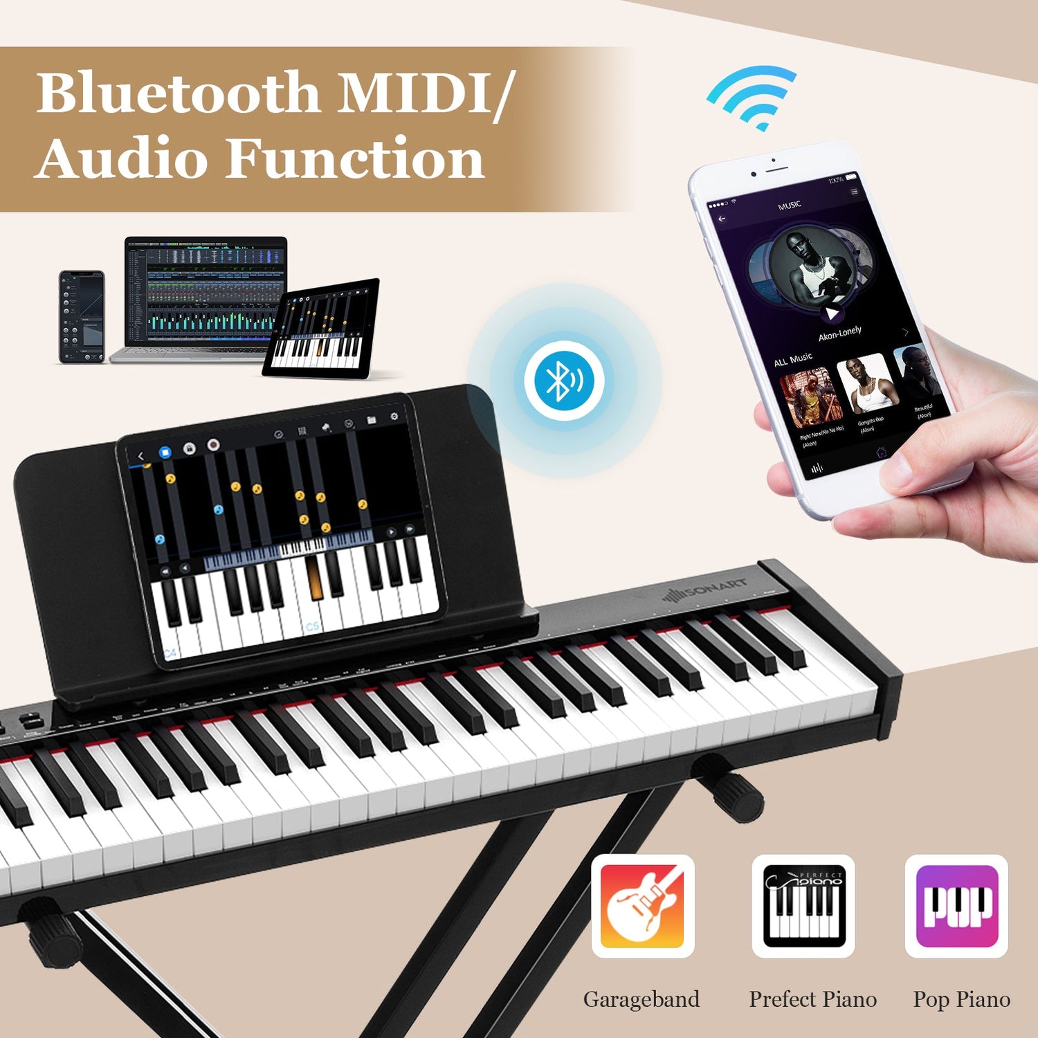 Teclado electrónico portátil de 61 teclas con piano digital completo, soporte y taburete