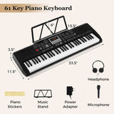 Teclado Portátil de 61 Teclas para Principiantes Kit de Teclado de Piano Eléctrico con 200 Ritmos y 200 Tonos - Negro
