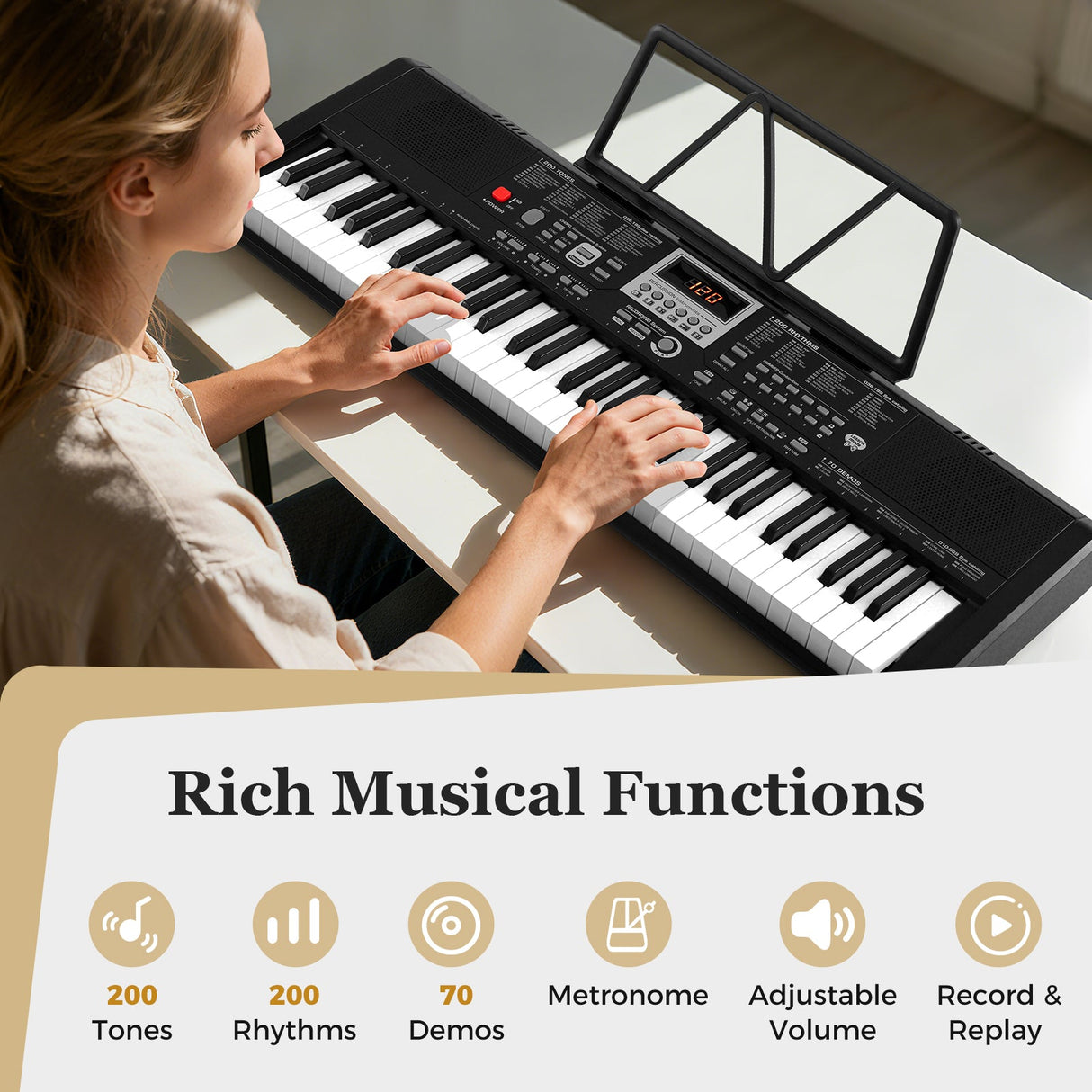 Teclado Portátil de 61 Teclas para Principiantes Kit de Teclado de Piano Eléctrico con 200 Ritmos y 200 Tonos - Negro