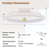 19 Inch Ceiling Fan Low Profile Flush Mount Fan with 3000-6500K Dimmable LED-White