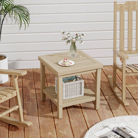 Mesa auxiliar de exterior de 2 niveles con estante para porche, terraza o jardín