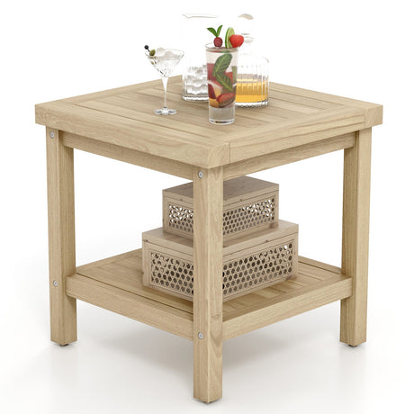 Mesa auxiliar de exterior de 2 niveles con estante para porche, terraza o jardín