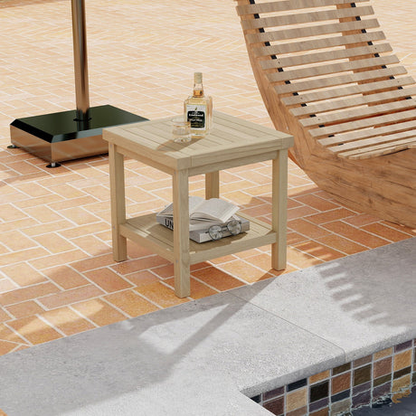 Mesa auxiliar de exterior de 2 niveles con estante para porche, terraza o jardín