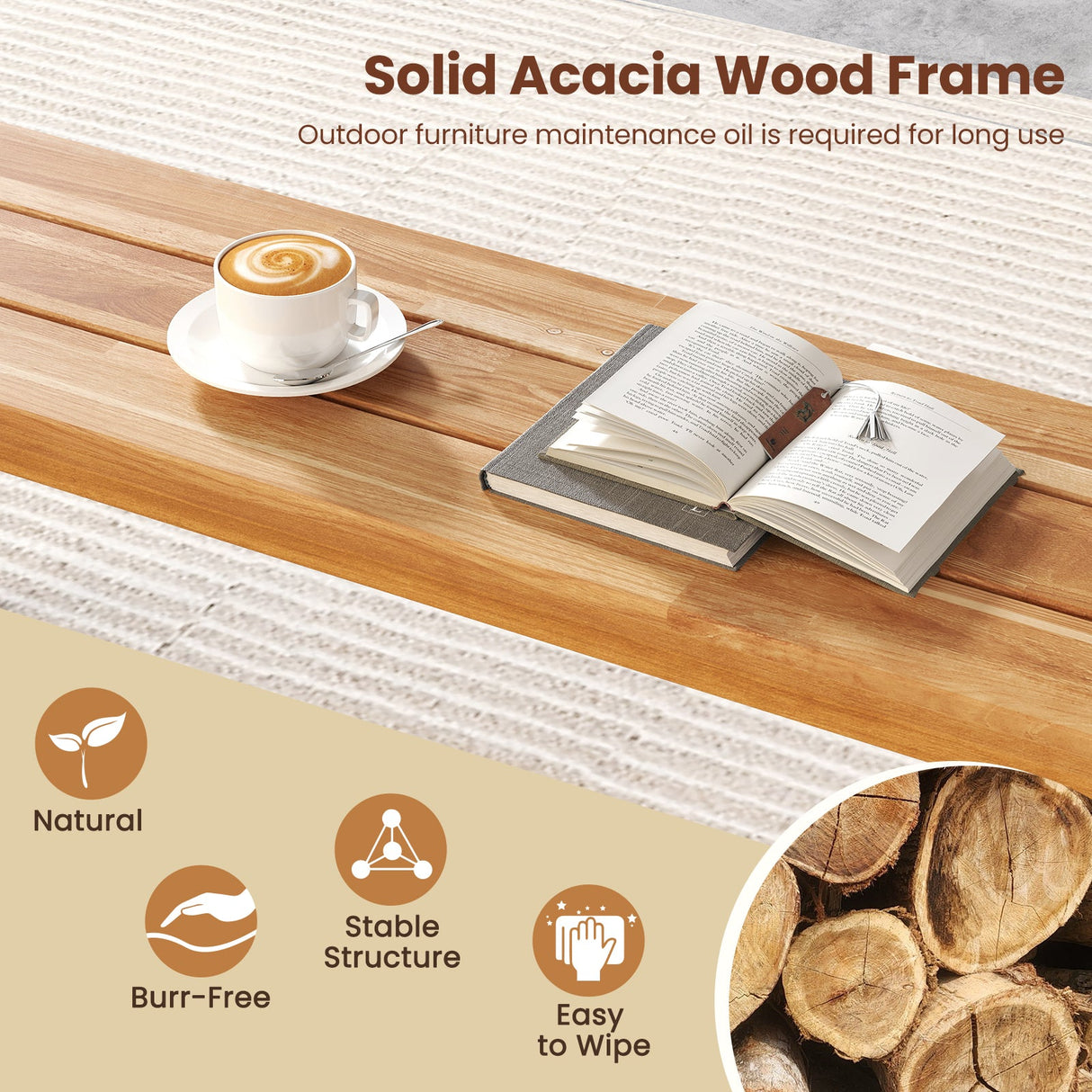Banco de exterior de madera de acacia sin respaldo de 63 pulgadas para 3 personas