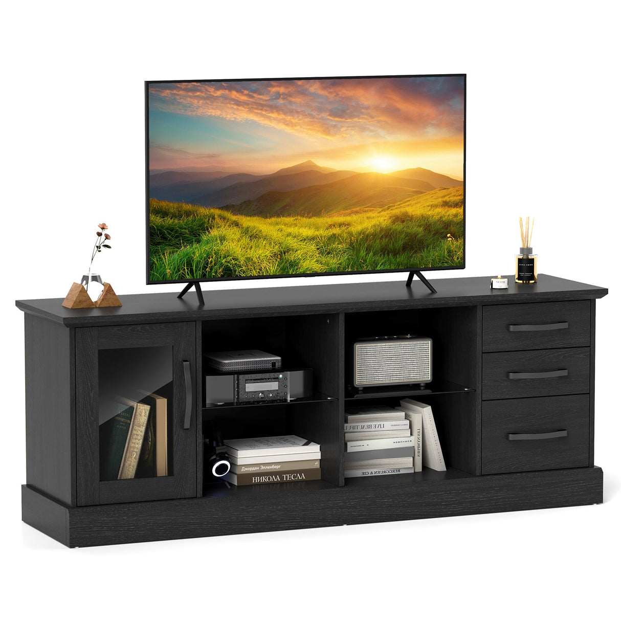 Mueble de TV de 63 pulgadas con 3 cajones y 2 estantes de cristal