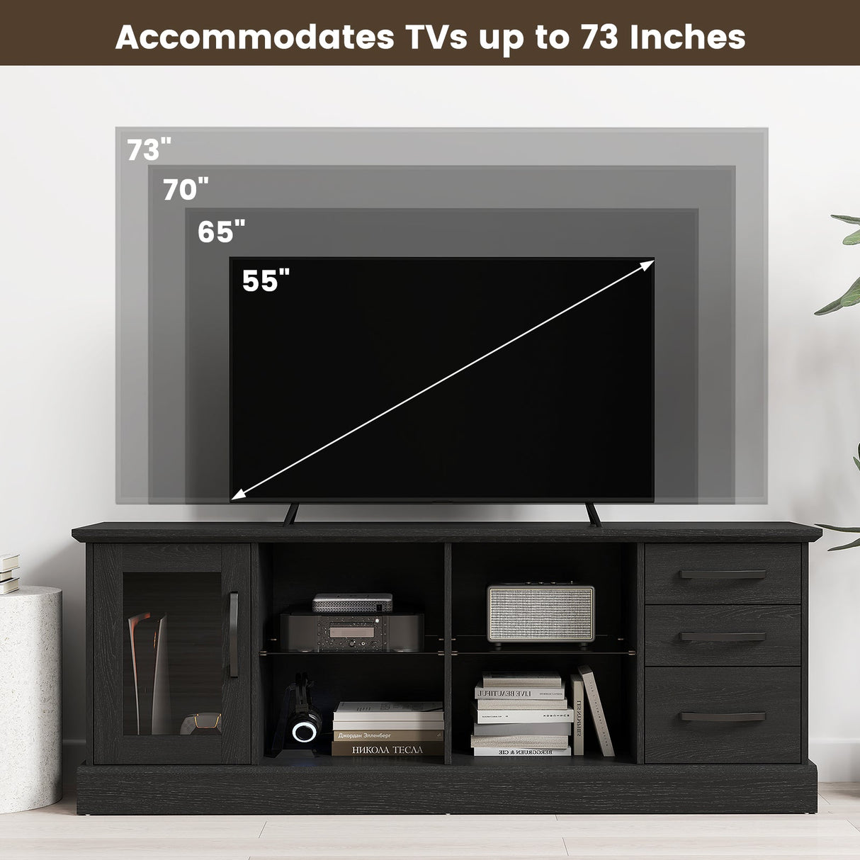 Mueble de TV de 63 pulgadas con 3 cajones y 2 estantes de cristal