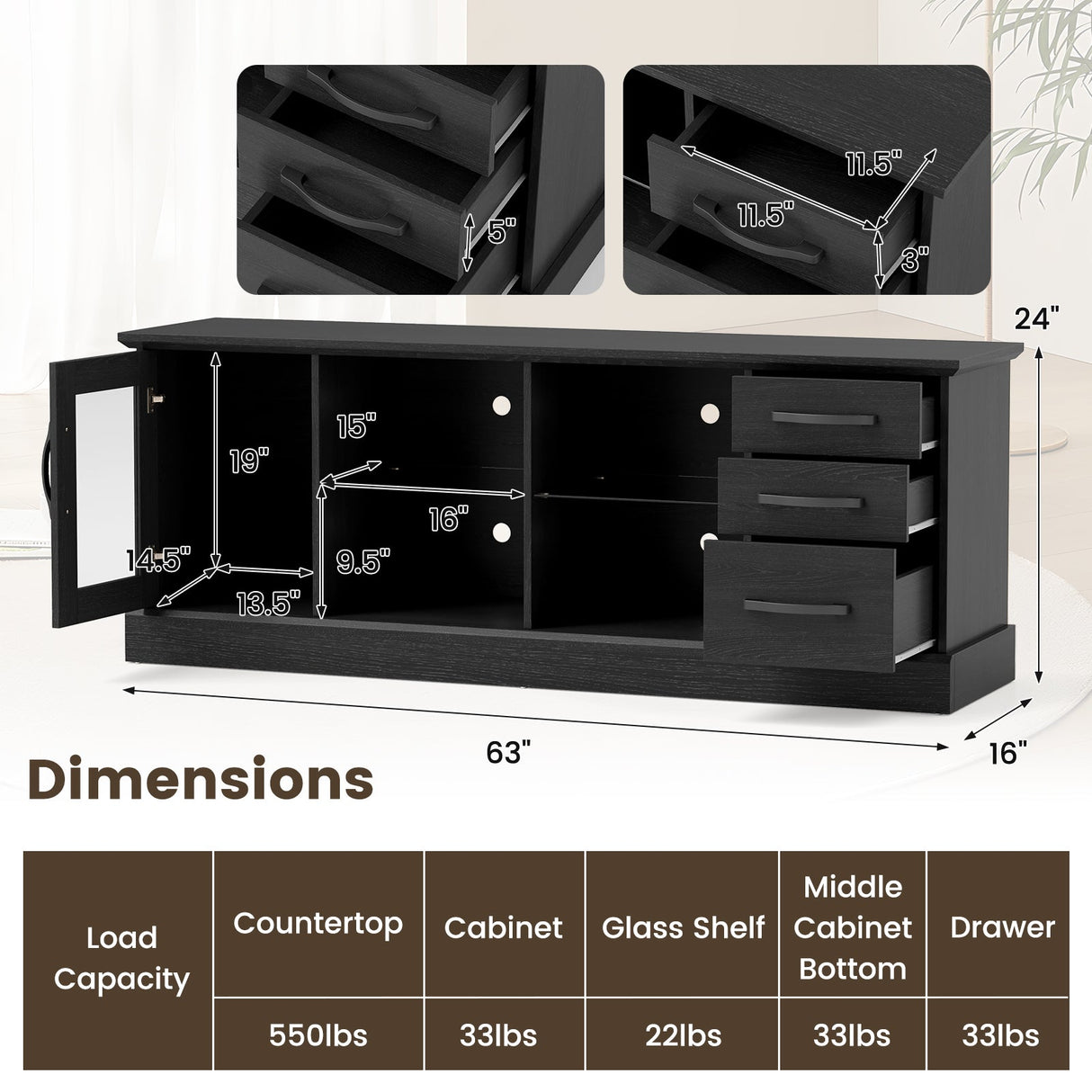 Mueble de TV de 63 pulgadas con 3 cajones y 2 estantes de cristal