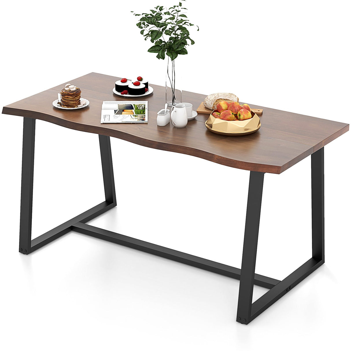 63" Large Dining Table with Wavy Edge and Heavy-duty Metal Frame